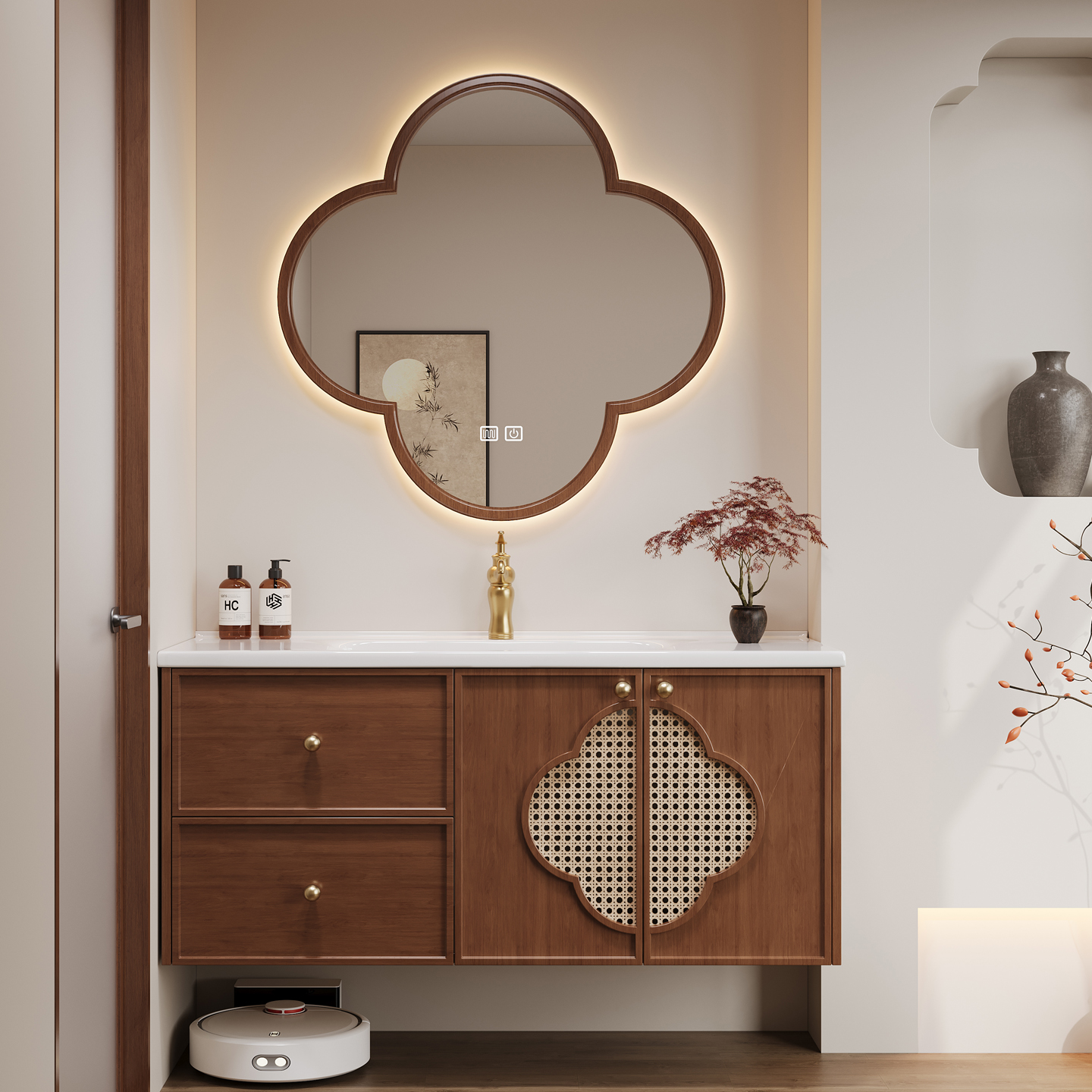 宋氏美学纯实木烤漆浴室柜组合梅花智能镜新中式洗手台陶瓷一体盆