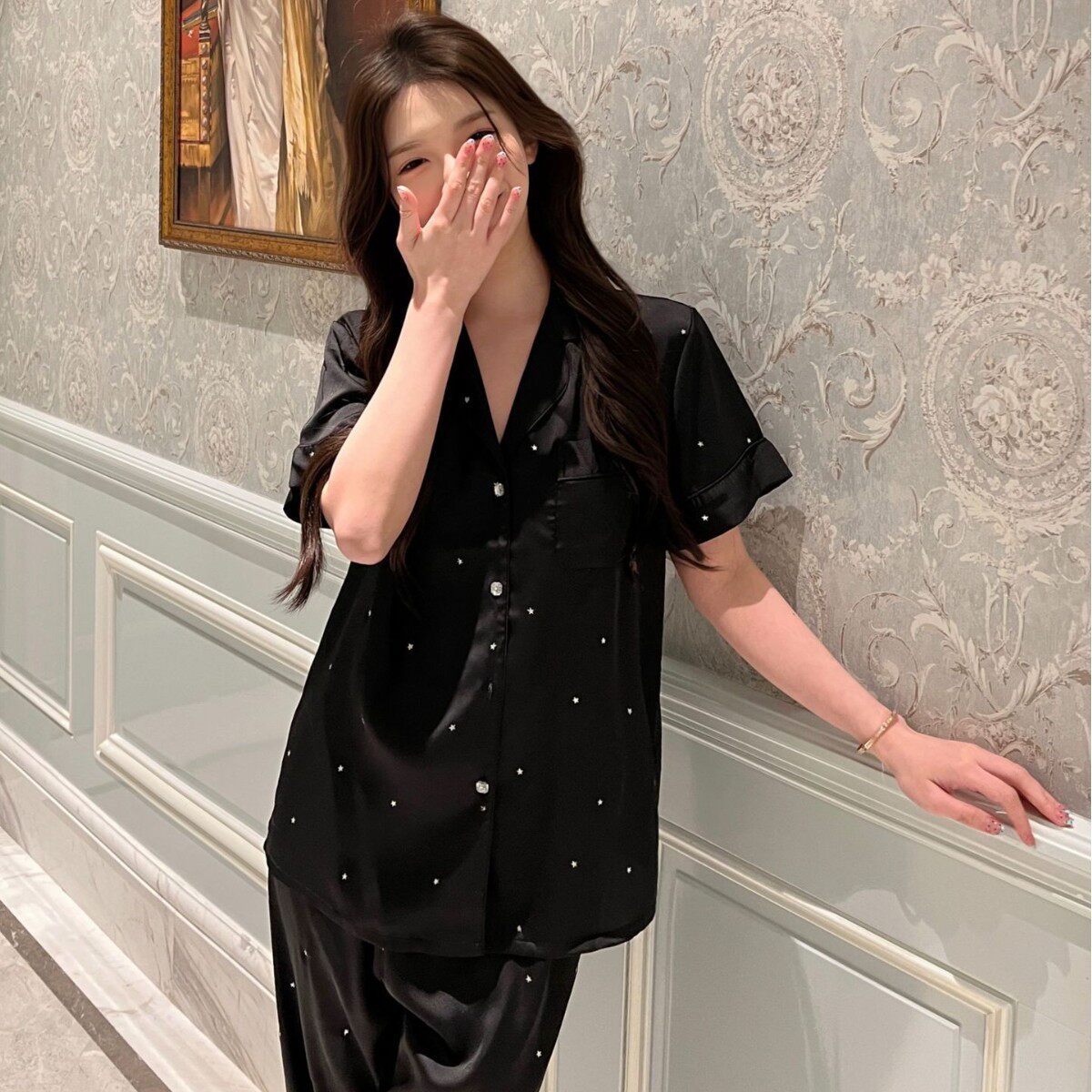 26新款冰丝睡衣女夏季blingbling开衫短袖长裤两件套家居服可外穿