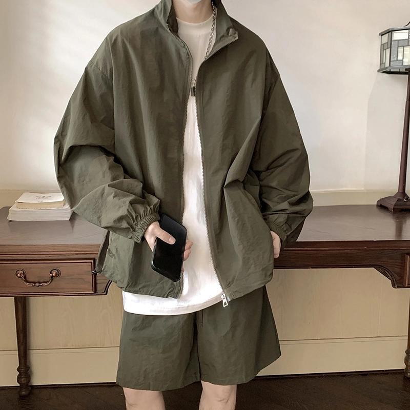 山系户外防嗮衣套装男夏季薄款美式复古外套痞帅防晒服短裤两件套