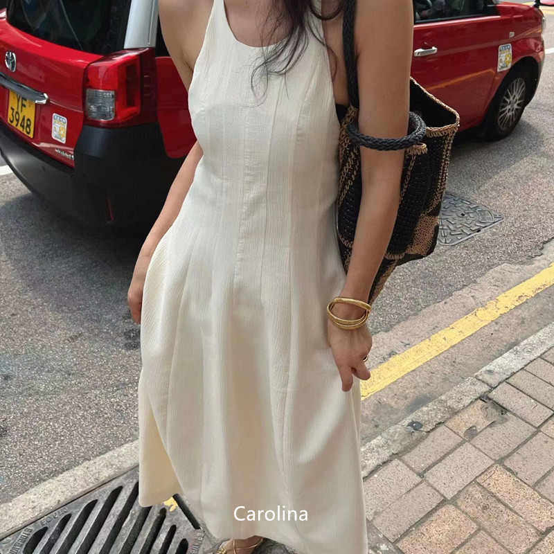 韩国露背吊带无袖后背镂空连衣裙