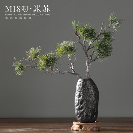 中式仿真迎客松假花绿植松枝松针崖柏客厅禅意装饰品花瓶摆件套装