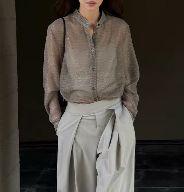 LiHuiEr李慧儿 巴塞夏 秋款复古老钱褐色亮丝网纱立领衬衫上衣