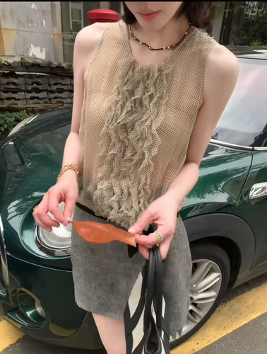 ASM 安娜/小众vintage褶皱上衣轻薄皱感顺纡设计感波点吊带背心女