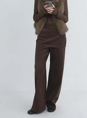 RARELY  假两件麂皮阔腿裙裤 咖色