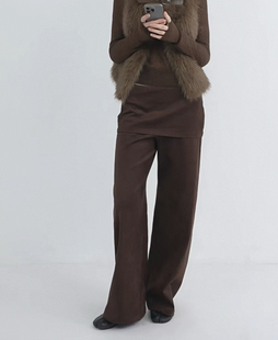 RARELY 假两件麂皮阔腿裙裤 咖色