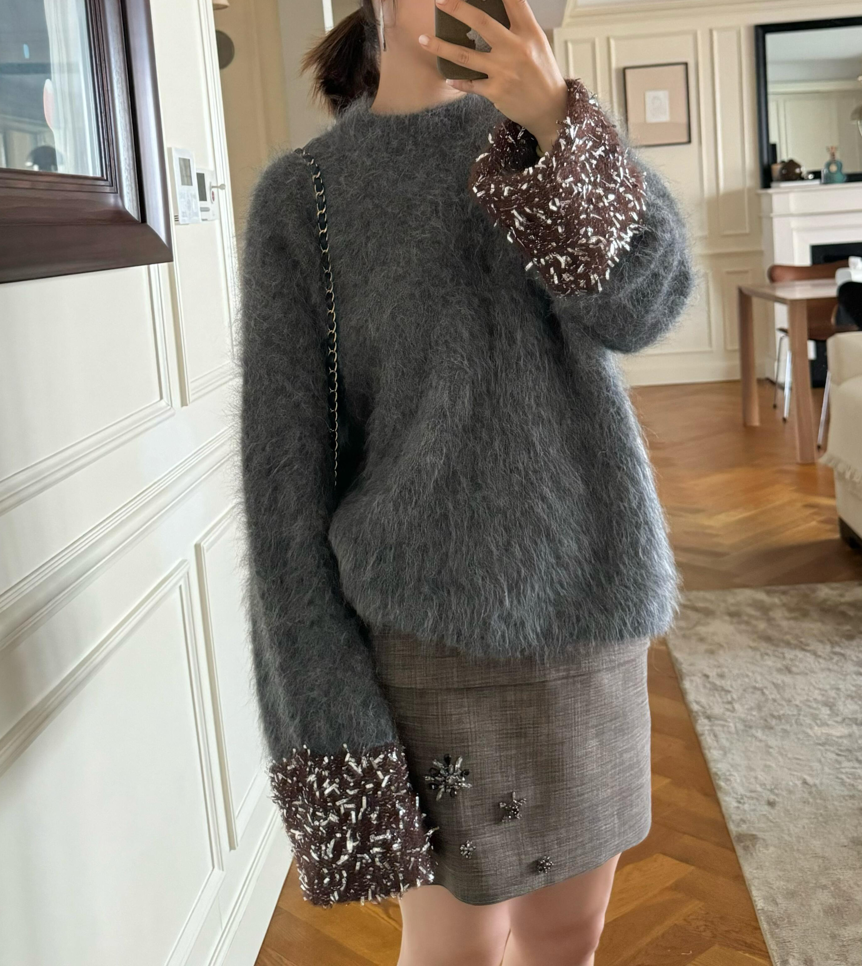 sage 深花灰袖口撞银箔纱宽松半高领羊驼毛毛衣女针织衫