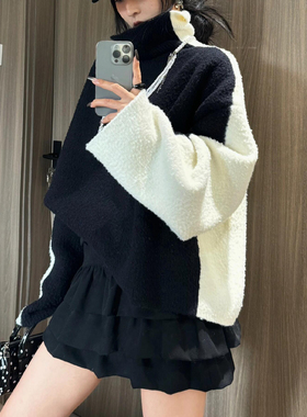 RARELY 高品质布料100还原 软糯毛圈前后撞色高领羊毛毛衣 黑撞白