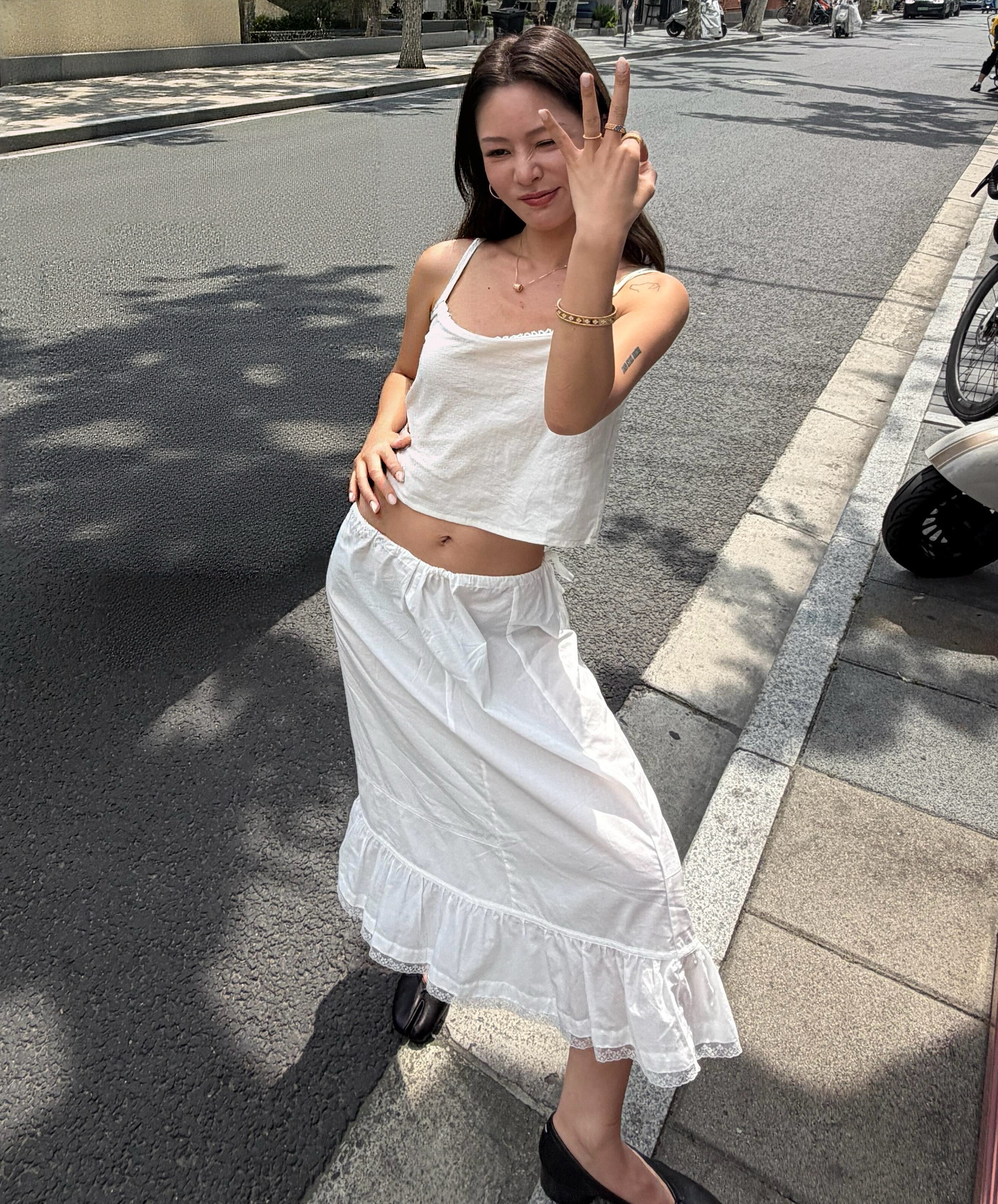 博主NaNa同款Cou 白色蕾丝边吊带有机棉纱蕾丝花边复古感百搭半裙
