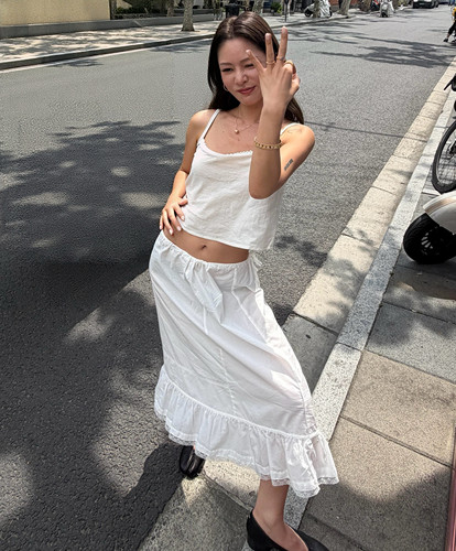 博主NaNa同款Cou 白色蕾丝边吊带有机棉纱蕾丝花边复古感百搭半裙