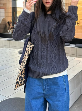 alright 100%棉宽肩圆领百搭复古绞花套头毛衣