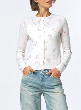 alright高品质布料100还原晕染感花卉印花绵羊毛短款修身针织开衫