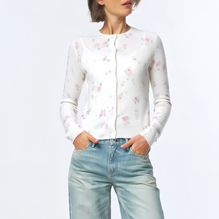 alright高品质布料100还原晕染感花卉印花绵羊毛短款修身针织开衫