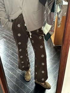 日本超细灯芯绒马赛克刺绣微喇超显瘦长裤 Owish 奈良少女秋冬