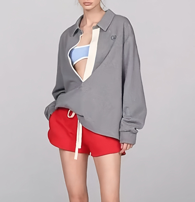 saumple 高品质布料100还原撞色深开襟学院刺绣长袖polo衫