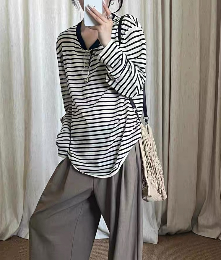 赵露思【明星同款】Into 己印黑色条纹长袖针织T恤上衣女多色