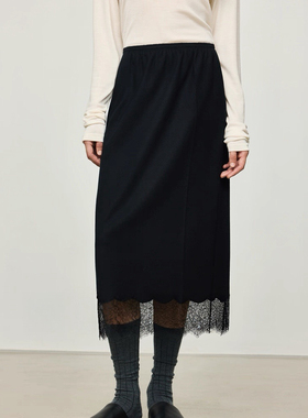 开间黑标/意大利VBC羊毛法兰绒CH@NEL同厂法国蕾丝松紧腰直筒半裙