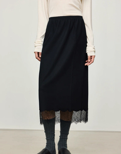 开间黑标/意大利VBC羊毛法兰绒CH@NEL同厂法国蕾丝松紧腰直筒半裙