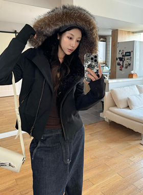 RARELY 高品质 连帽毛领斜襟毛绒内胆棉服外套 黑色/花灰/藏蓝