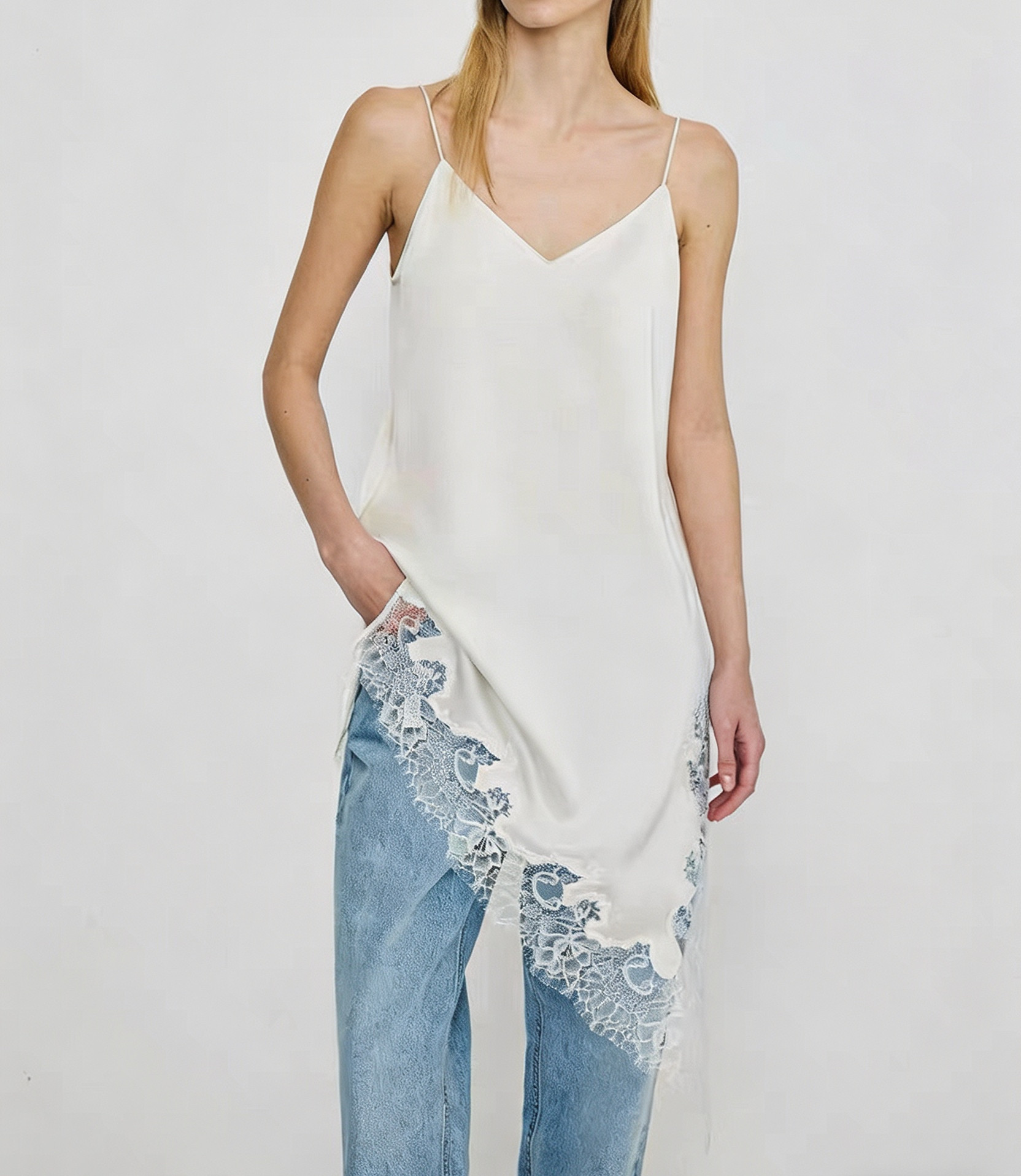 KEIGAN/开间叠穿神器 日本三醋酸凉感双面缎鎏光蕾丝拼接长背心