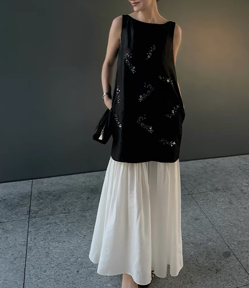 LiHuiEr李慧儿 夜境千 夏款天丝重工珠绣假两件拼接无袖连衣裙女