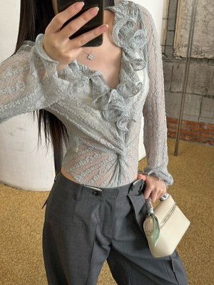 【新款】Cello 高品质 26春 V领长袖蕾丝低领荷叶边连体衣裤修身