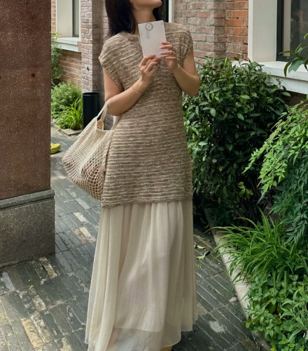 Cello 25春夏新款 针织拼接轻纱假两件双层领口复古连衣裙