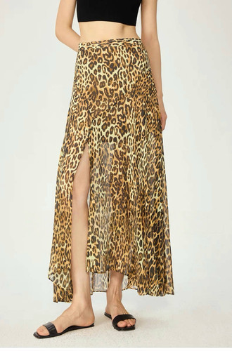 开间/强推獨家原创灵豹印花 1OO%真丝轻薄飘逸开衩半裙宽松直筒裤