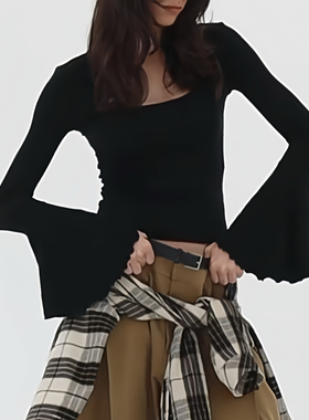 saumple 高品质 布料100还原 U领喇叭水袖修身长袖上衣