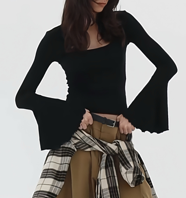 saumple 高品质 布料100还原 U领喇叭水袖修身长袖上衣