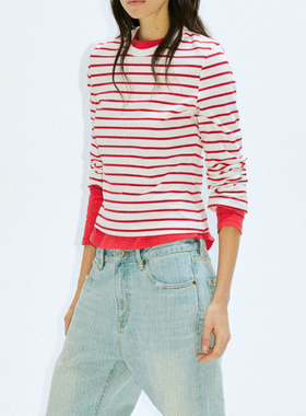 alright 经典多色条纹圆领纯棉基础款打底内搭合身九分袖T恤