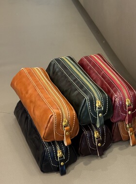 C&Y真皮笔袋化妆包~ 纯皮头层牛皮收纳袋手拿包复古极简小包女包