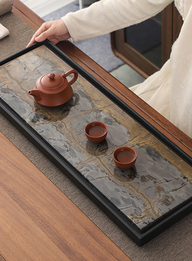 天然乌金石茶盘家用客厅简约黑金石茶台石头整块创意茶海新中式
