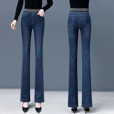 大码松紧腰牛仔裤女2025春秋新款小个子弹力微喇裤高腰显瘦喇叭裤