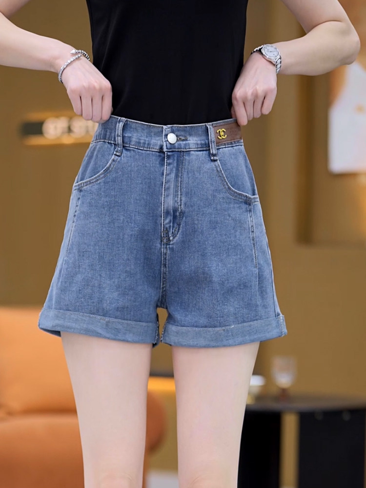 夏季2025新款高腰牛仔短裤女大码A字热裤薄款卷边休闲超薄阔腿裤