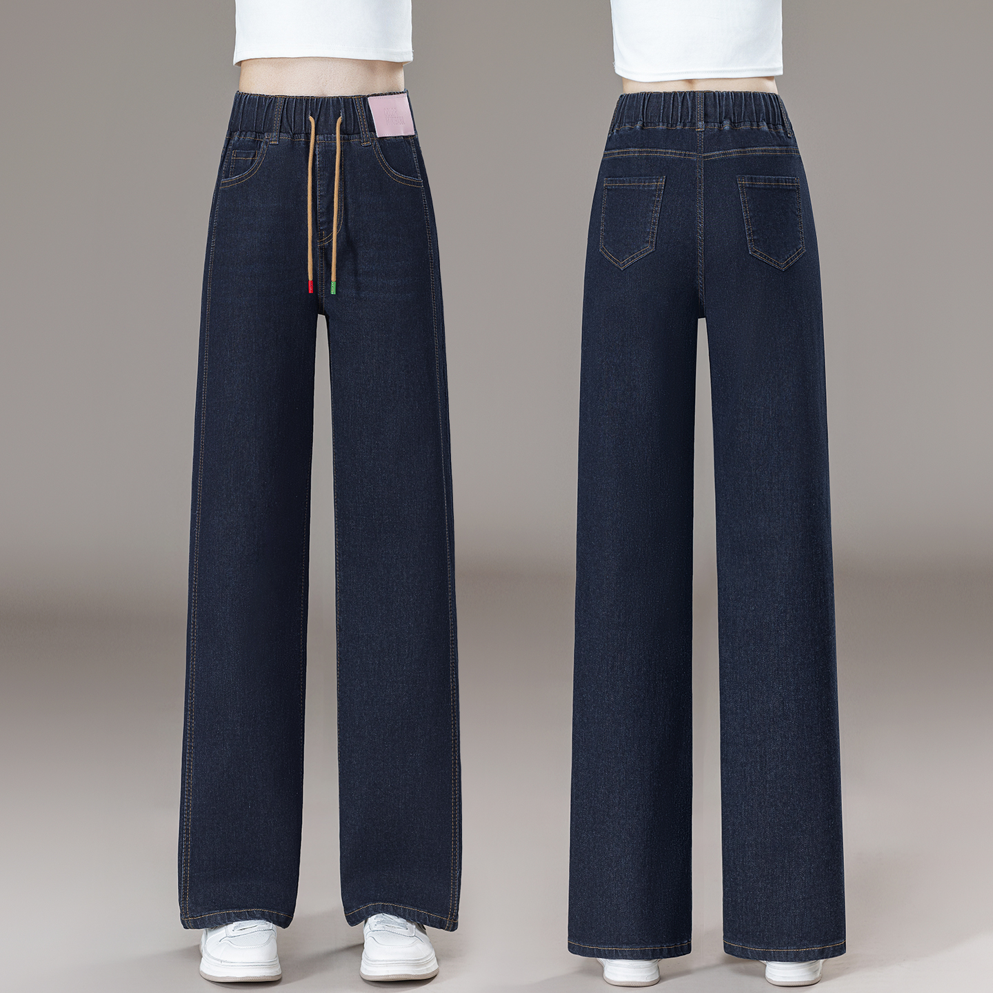 松紧腰直筒高腰牛仔裤女秋季大码2025新款垂感阔腿裤窄版拖地裤女