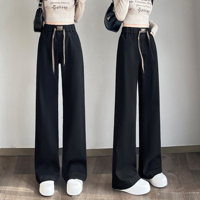 黑色加绒牛仔裤女冬季新款2025松紧腰直筒裤窄版阔腿裤弹力拖地裤