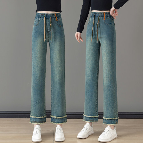 松紧腰毛边牛仔裤女秋季2025新款高腰宽松大码裤子八分九分直筒裤