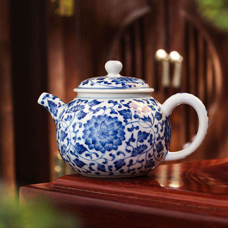 景德镇陶瓷茶壶单个手绘青花点工缠枝莲茶壶复古泡茶壶茶具小单壶
