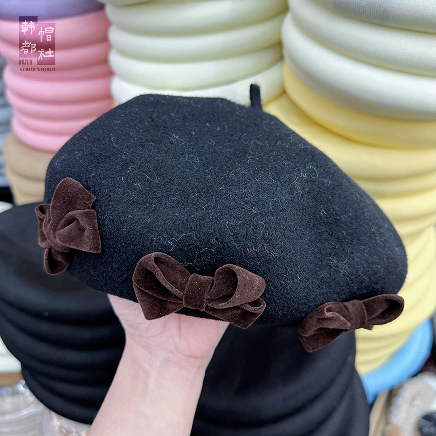 帽子女款2025秋冬季新款日系蝴蝶结羊毛混纺贝雷帽时尚气质画家帽