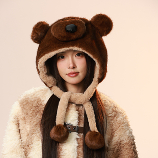 帽子女款2025秋冬季新款小熊耳朵毛茸茸包头帽毛球绑带保暖套头帽