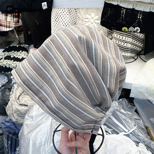 日系手工绑带包头帽女复古套头帽百搭慵懒风条纹堆堆帽民族风帽子