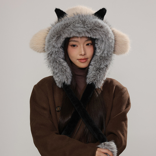 帽子女款2025秋冬季新款小羊角毛茸茸包头帽女毛球绑带加厚套头帽