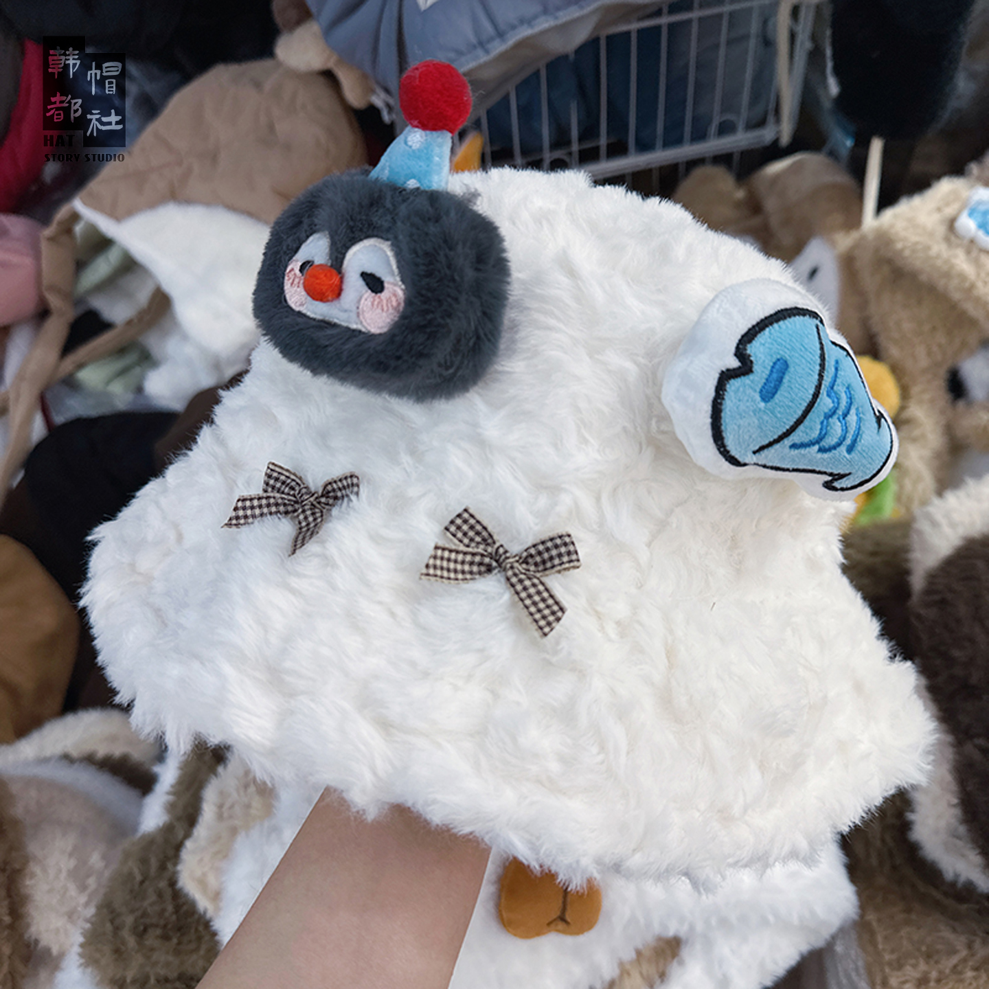 企鹅小鱼毛茸茸渔夫帽保暖护耳