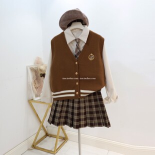 学院风毛衣马甲衬衫两件套女2025秋冬复古领结针织背心灯芯绒套装