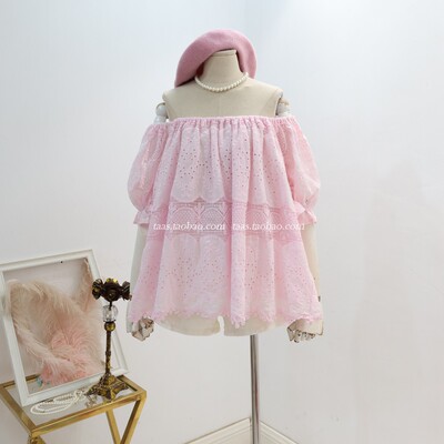 欧货粉色一字领蕾丝钩花仙气上衣