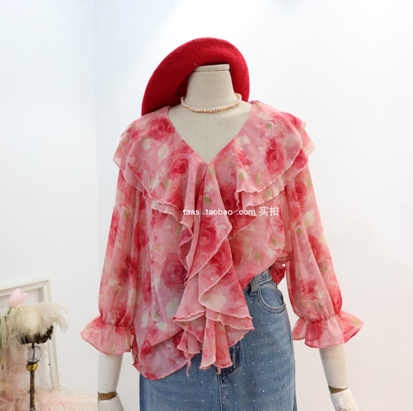 法式荷叶边高级山茶玫瑰显白娃娃衫2026春夏V领碎花衬衫雪纺上衣