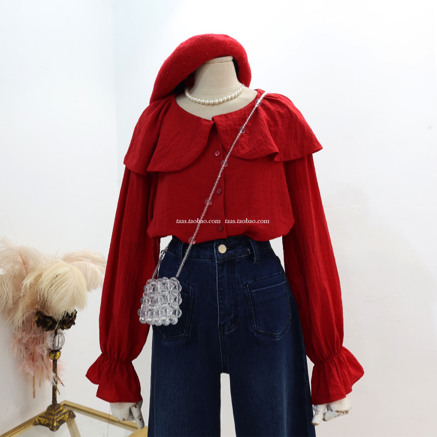 法式娃娃领高级定染上衣大红色