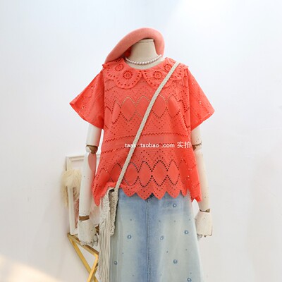 法式娃娃领西瓜红显白蕾丝衫上衣