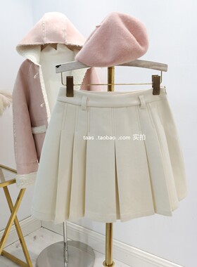 韩国高级半身裙2025秋冬法式少女百搭压褶设计感显瘦显高毛呢短裙