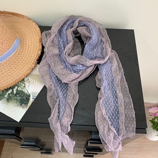 现货徐梦洁款faerie韩国ins博主款波点网纱拼接木耳边纱巾丝巾女